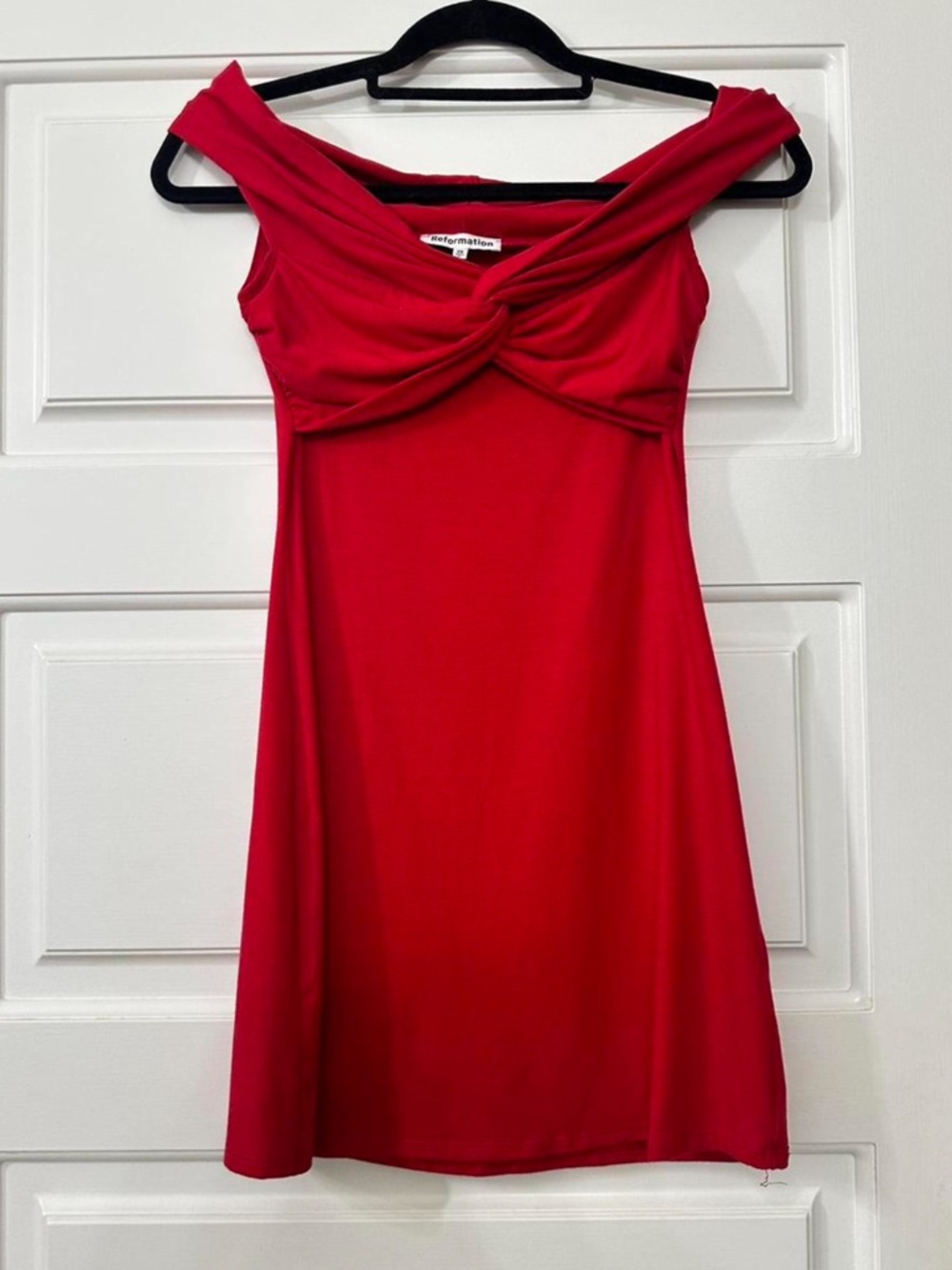 Reformation Red Off-Shoulder Twist Mini Dress
